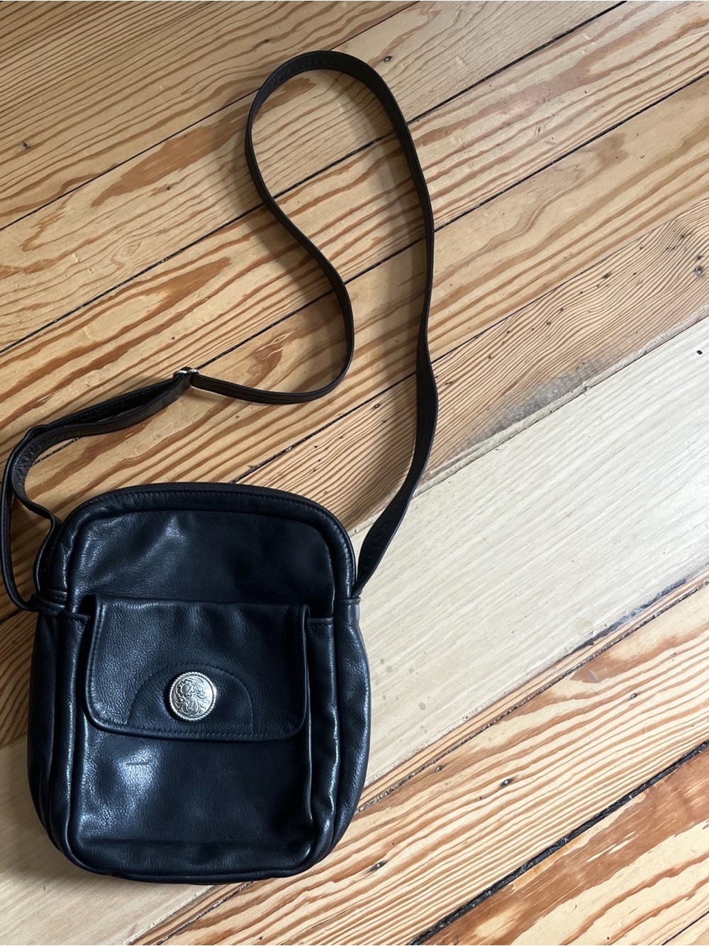 Black Leather Crossbody Bag with Front Pocket